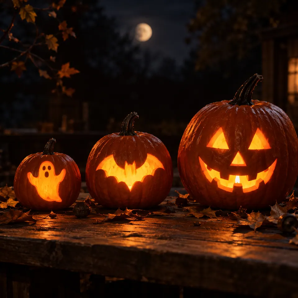 Three carved pumpkins with ghost, bat and classic face designs glowing on a table at night