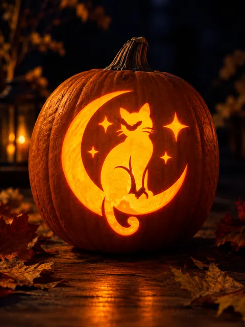 Cat on the Moon design carved into a pumpkin and lit with a candle