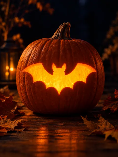 Flying Bat design carved into a pumpkin and lit with a candle