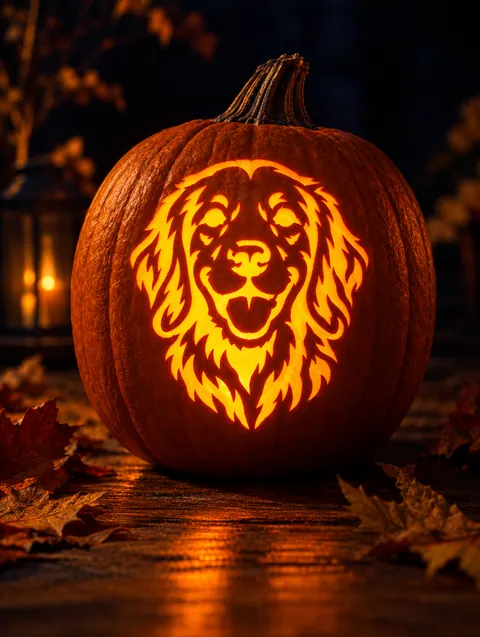 Golden Retriever design carved into a pumpkin and lit with a candle