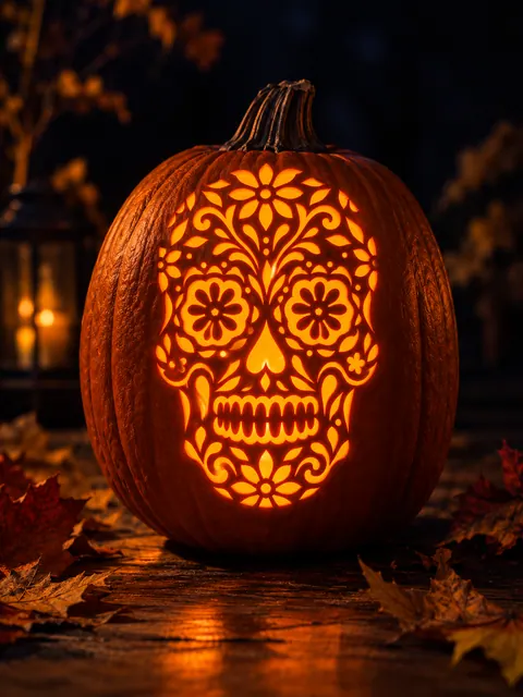 Sugar Skull design carved into a pumpkin and lit with a candle