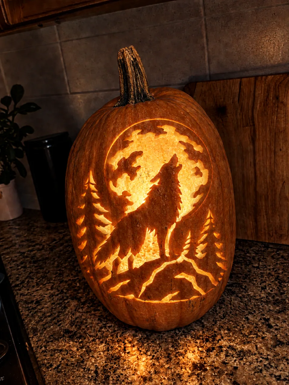 The same kitchen pumpkin carved with a howling wolf and lit by a candle