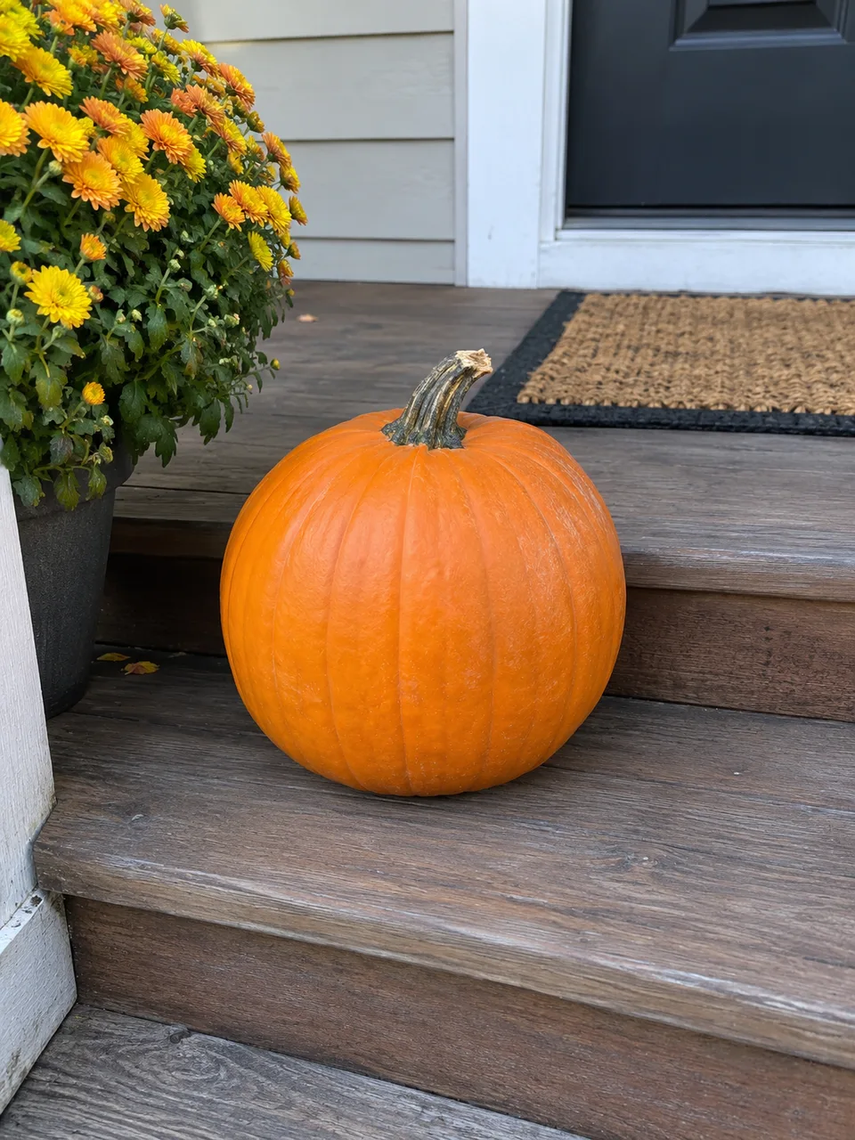 An uncarved orange pumpkin on a front porch
